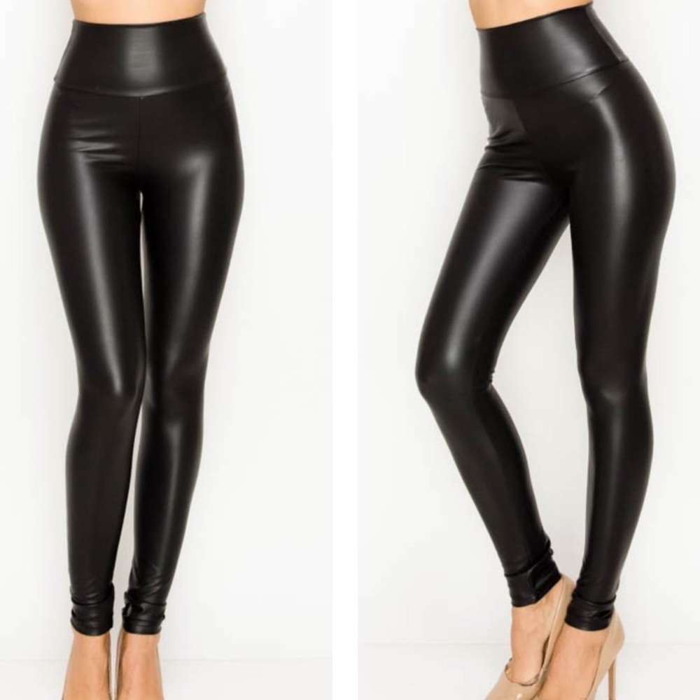 High Waist Leather Leggings Black Faux PU Leather Pants - Picture 4 of 4